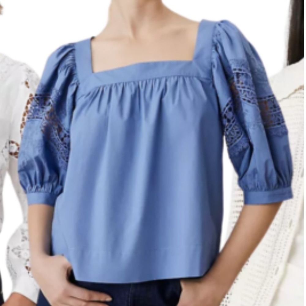 Ann Taylor Blue Eyelet Embroidered Puff Sleeve Square Neck Blouse Large